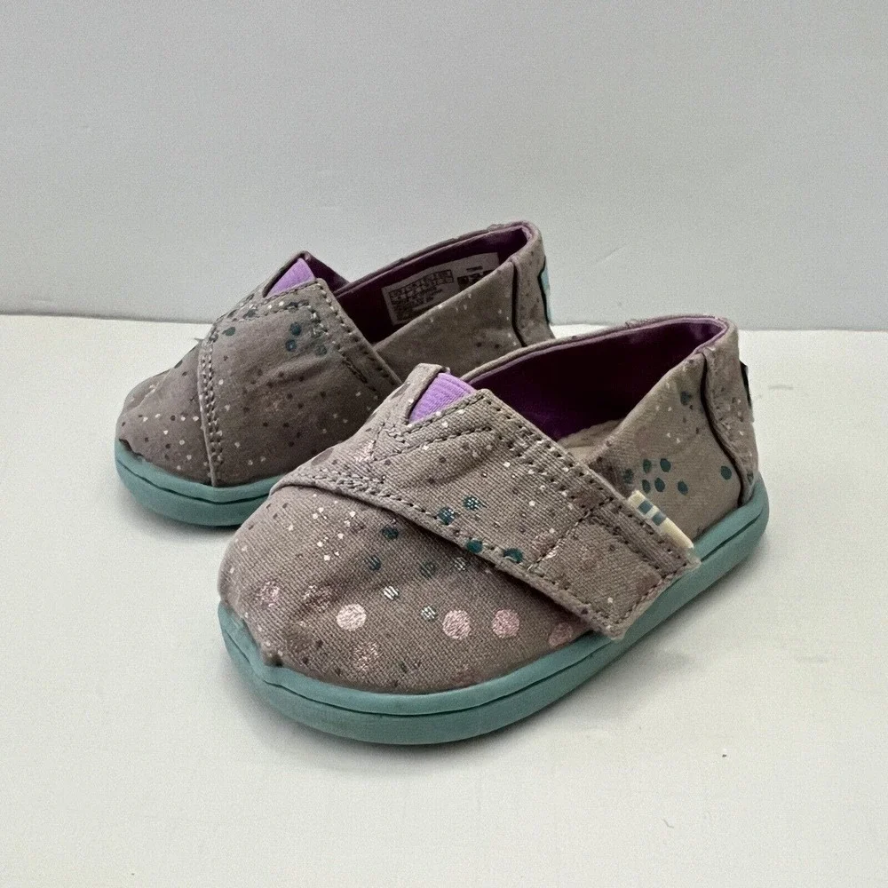 Toms Tiny Alpargata Slip-on Classics Gray Metallic Dot Canvas Toddler Kid T4